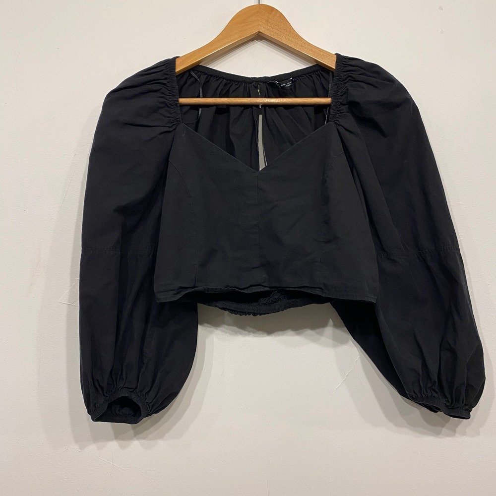Zara Womens Black Puff Sleeve Crop Top‎ Sweetheart Neck Smocked Back Small